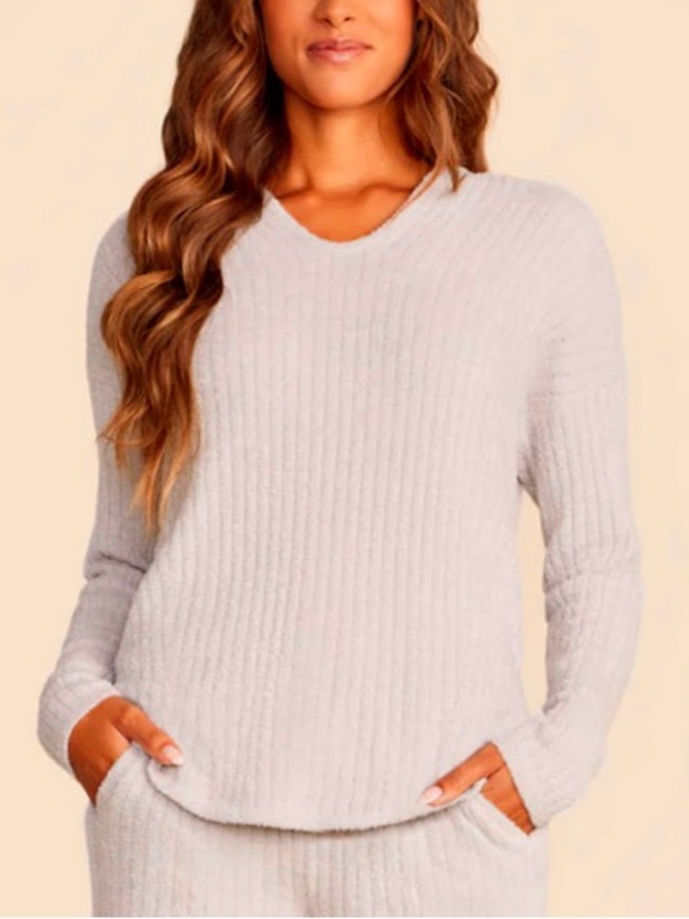 Barefoot Dreams Cozychic Lite Ribbed Hoodie Sweater in beige gray size small